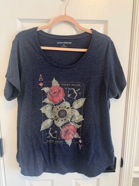 Lucky Brand Navy Floral Ace Card Scoopneck T-shirt Sz XL
